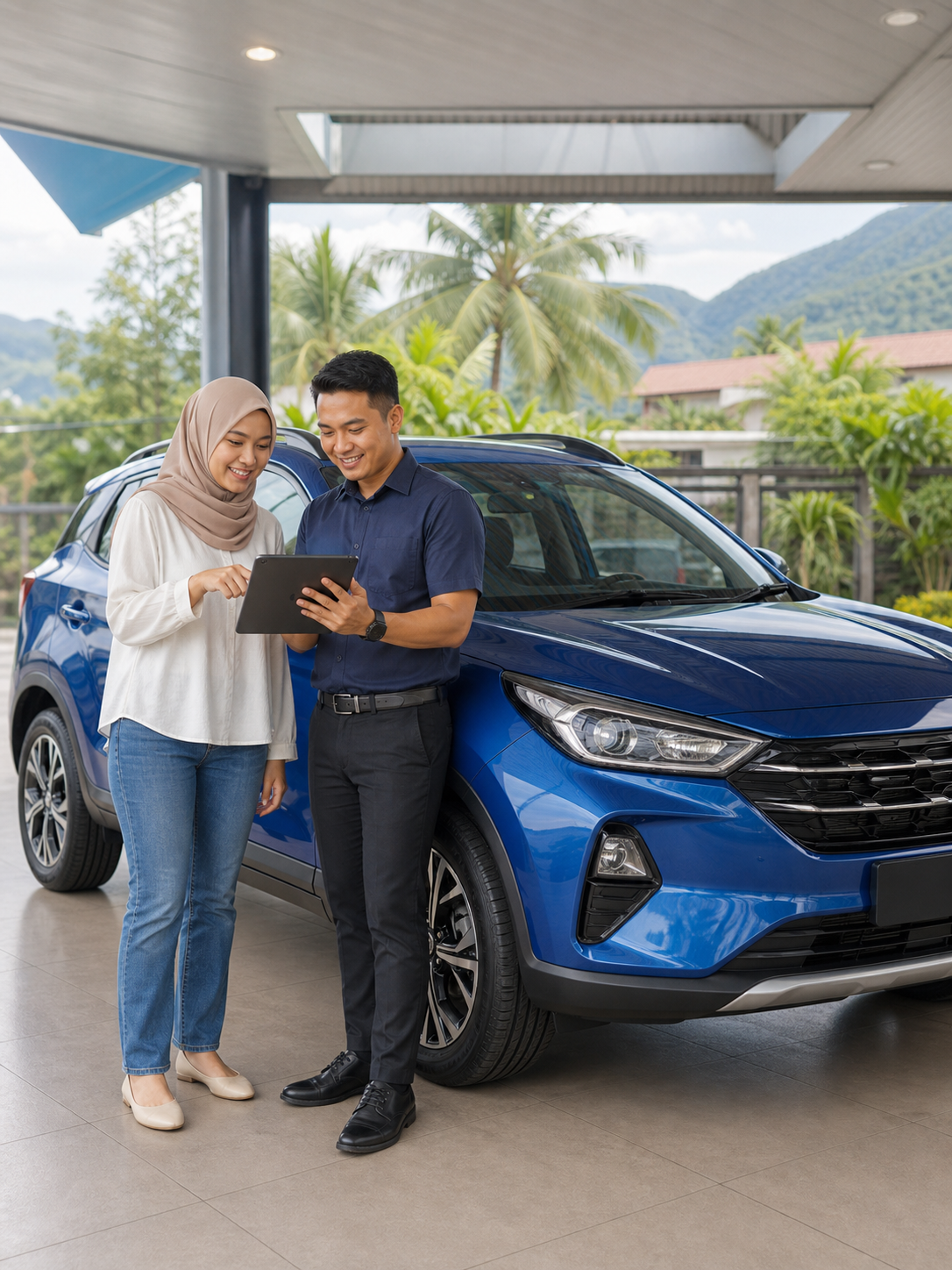 Buyer reviewing a vehicle with an adviser